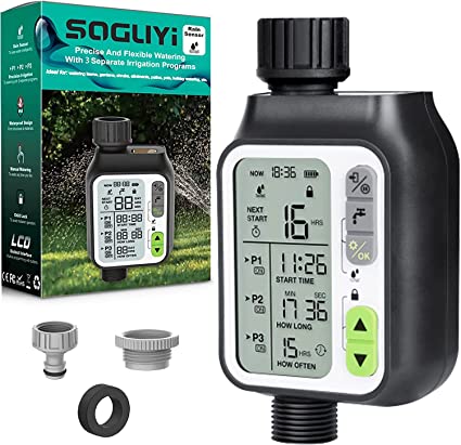 Timer Irrigazione Giardino SOGUYI: Sensore Ritardo Pioggia, 3 Programmi, Ampio Display LCD