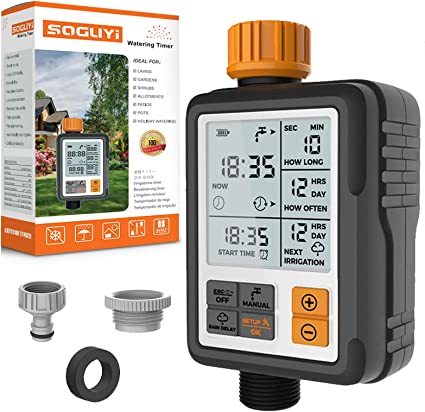 Timer Irrigazione Giardino SOGUYI: Modalità Automatica/Manuale, Ampio LCD e Programmatore a Batteria